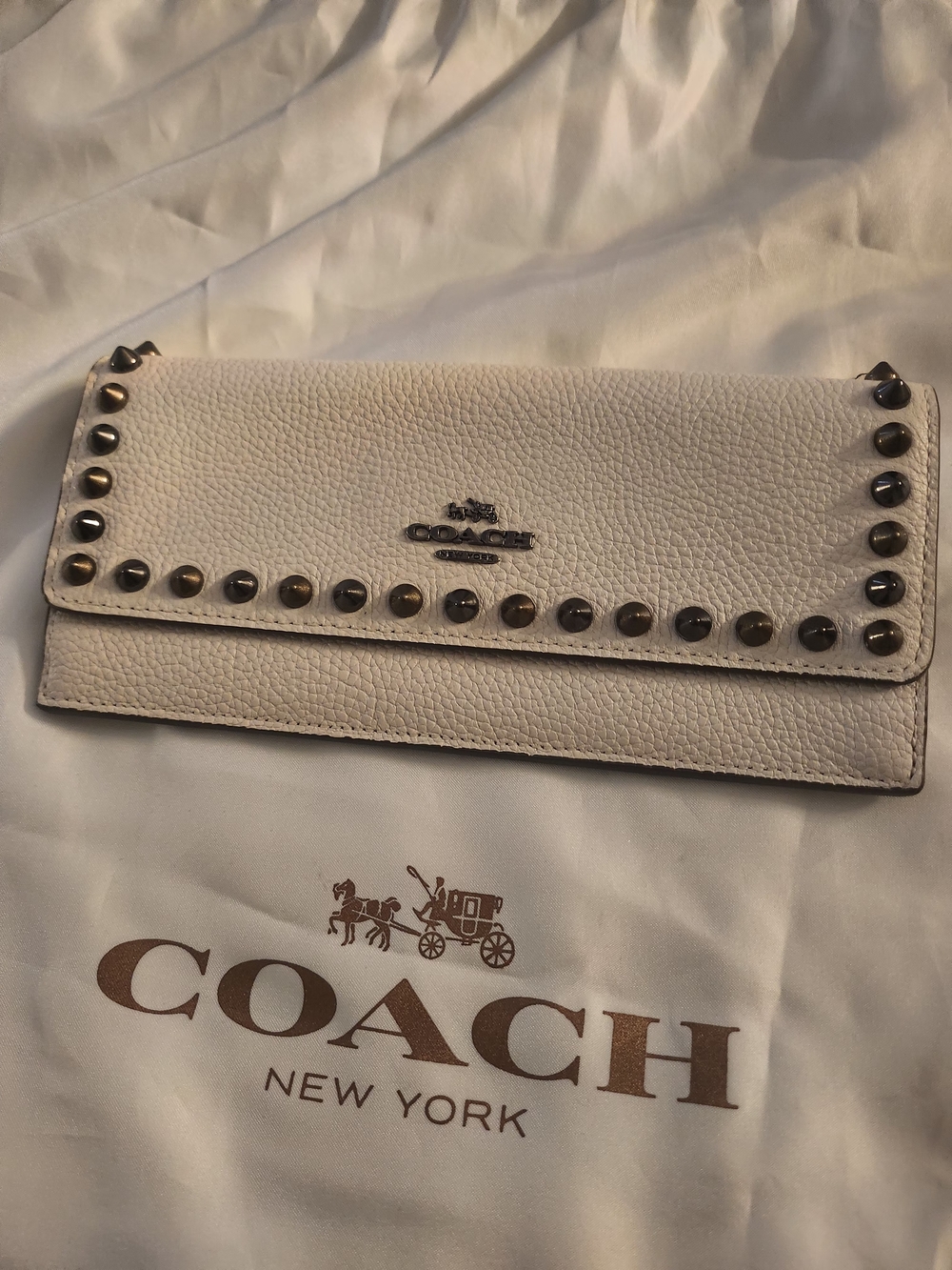 Coach White Pebbled Leather Studded Continental Clutch Wallet